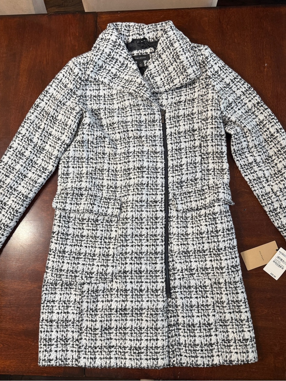 Halogen Moto Women's Black and White Tweed Plaid Asymmetrical Midi Coat